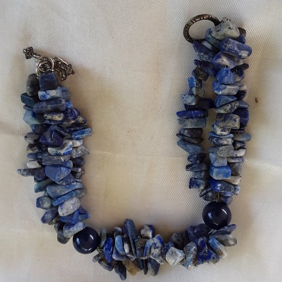 Sodalite Gemstone Chips and Beads Bracelet 3 Strand "T" and Ring Clasp - Picture 1 of 8